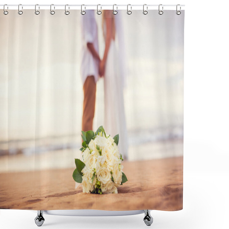 Personality  Just Married Couple Holding Hands On The Beach Shower Curtains