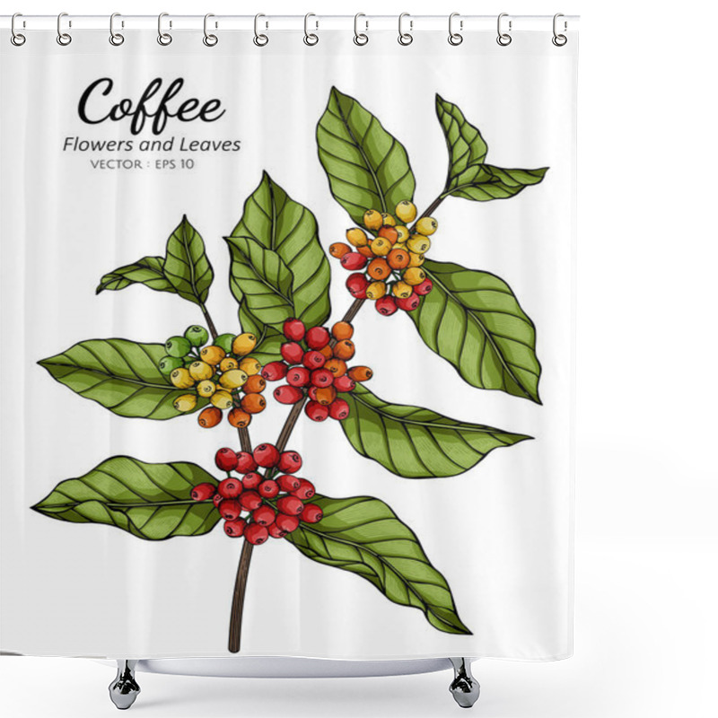 Personality  Coffee Flower And Leaf Drawing Illustration With Line Art On White Backgrounds. Shower Curtains