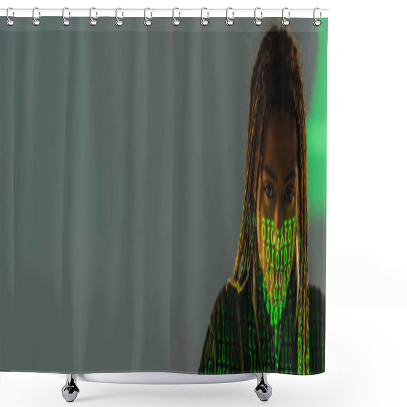 Personality  African American Woman With Binary Code On Face Looking At Camera On Grey Background, Banner  Shower Curtains