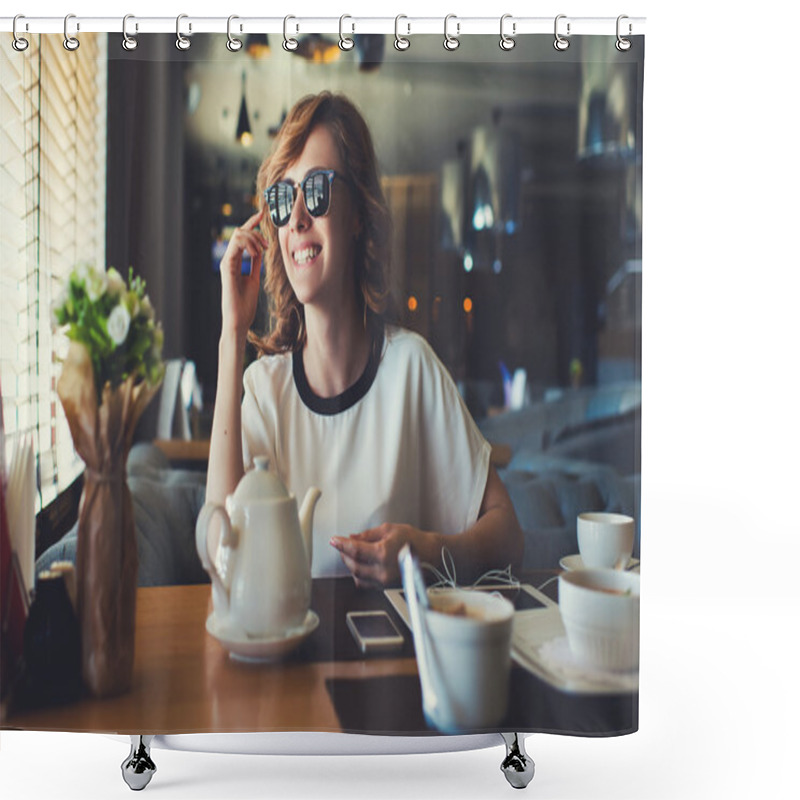 Personality  Smiling Business Woman In Modern Cafe Shower Curtains