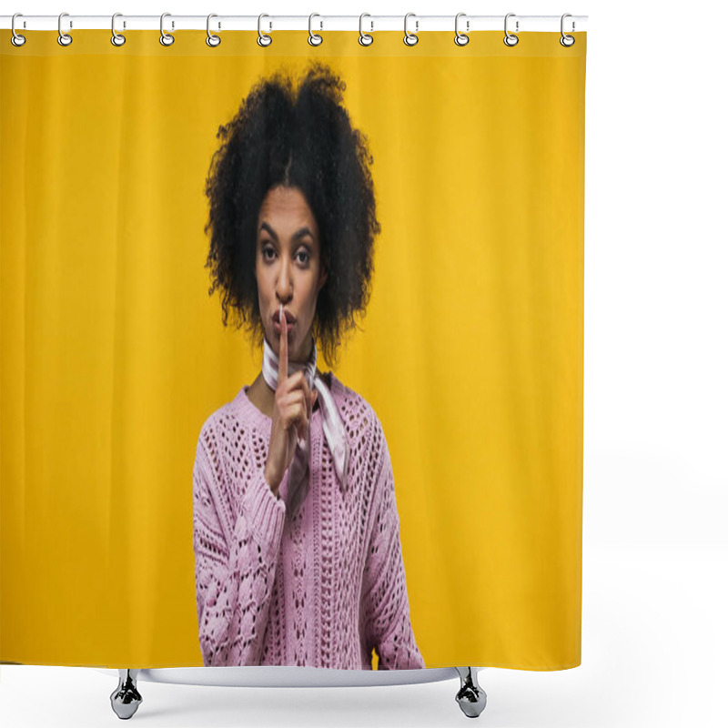 Personality  Young African American Woman Showing Secret Sign Isolated On Yellow  Shower Curtains