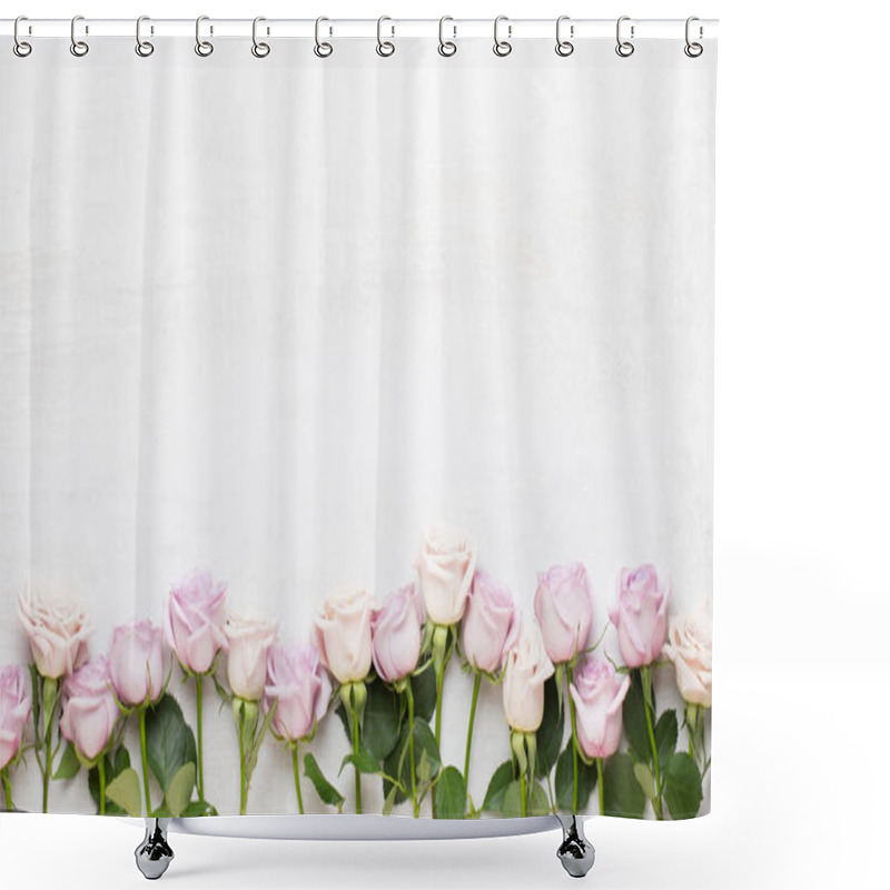 Personality  Flowers Valentine Day Greeting Card. Frame Made Of Pink Rose On Gray Background. Flat Lay, Top View, Copy Space. Shower Curtains