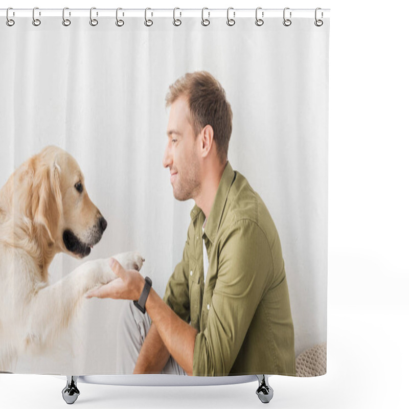 Personality  Golden Retriever Dog Giving Paw To Happy Man Against White Wall Shower Curtains