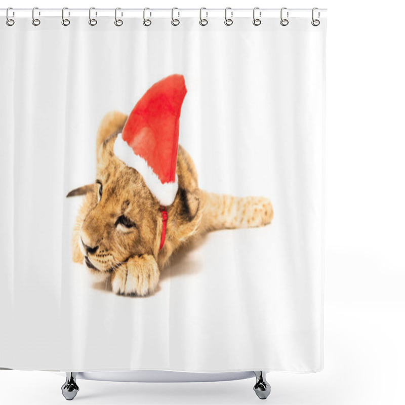 Personality  Cute Lion Cub In Santa Hat Isolated On White Shower Curtains