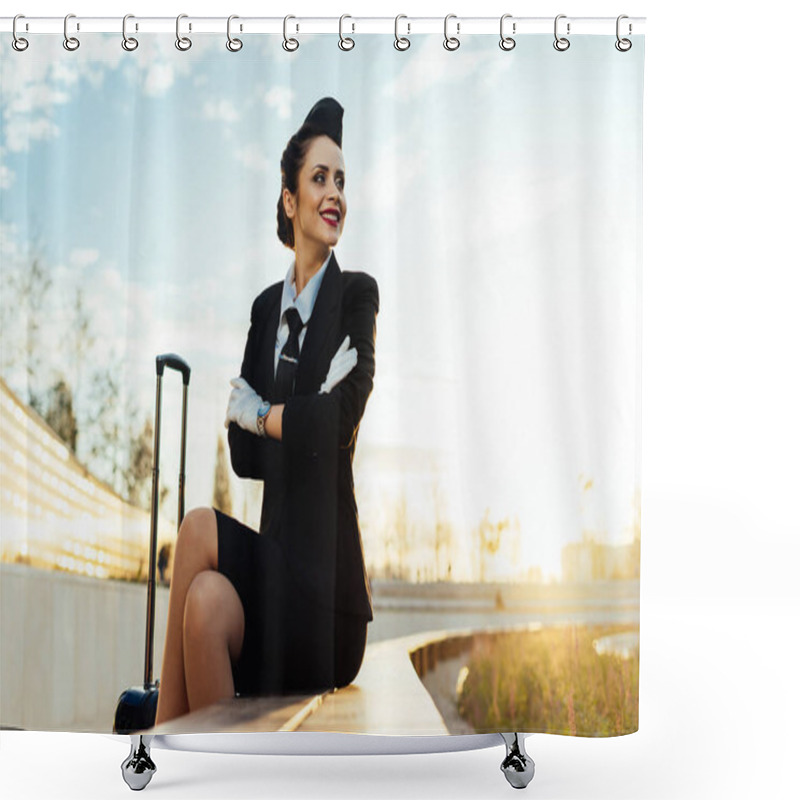 Personality  Happy Young Stewardess Girl In Uniform Sits In Park, With Suitcase, Waiting For Airplane Shower Curtains