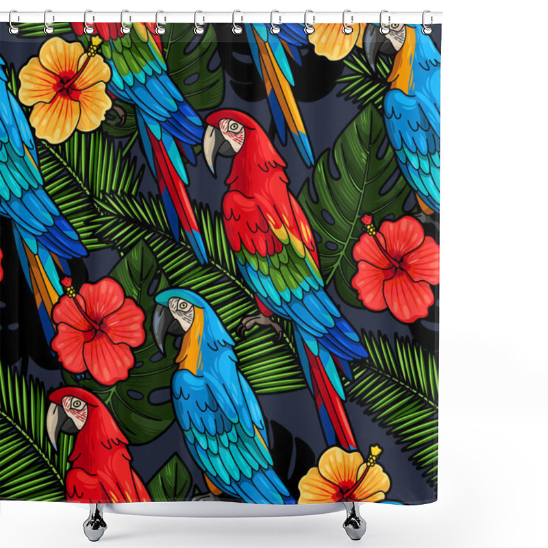 Personality  Macaw And Hibiscus Seamless Shower Curtains