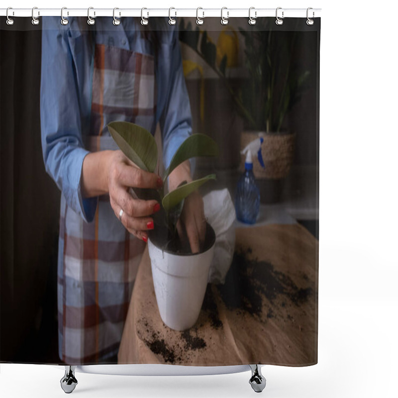 Personality  A Woman Repotting Houseplants In Pots, Indulging In Gardening And Nurturing Indoor Greenery. This Image Captures The Beauty Of Home Gardening And Plant Care. Ideal For Botanical And Lifestyle Concepts. Shower Curtains