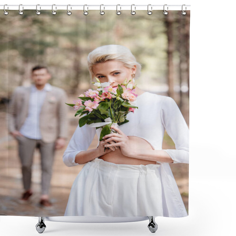 Personality  Pretty Bride With Bouquet Of Flowers And Bridegroom In Forest Shower Curtains