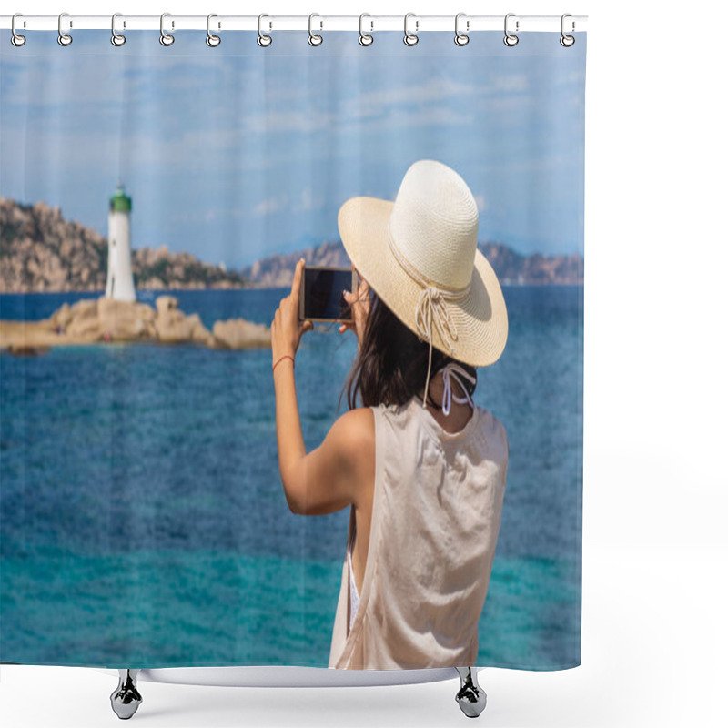 Personality  Young Traveler Woman Making Photo With Mobile Phone Camera Of Lighthouse In Italy. Travel Concept Shower Curtains