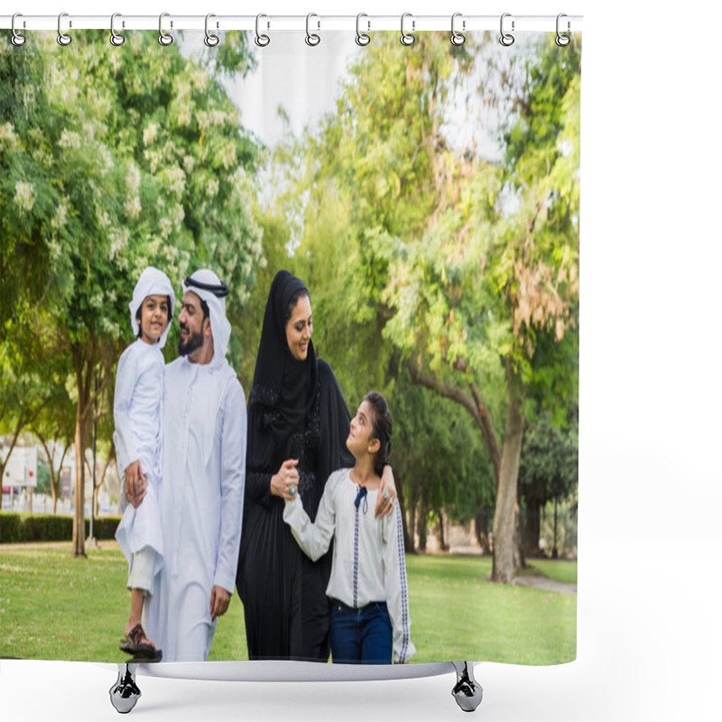 Personality  Happy Middle-eastern Family Having Fun In A Park In Dubai - Parents And Kids Celebrating The Weekend In The Nature Shower Curtains