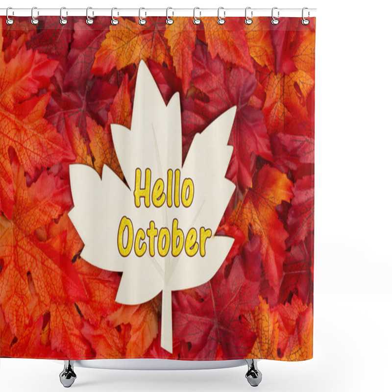 Personality  Hello October Text On Wood Maple Leaf  With Fall Leaves For The  Shower Curtains