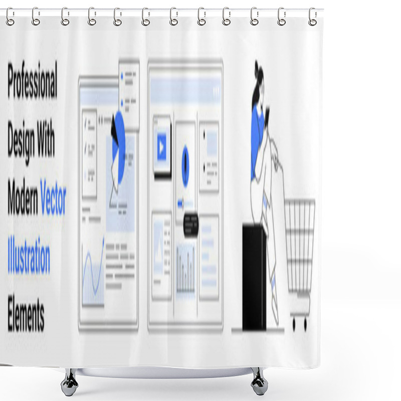 Personality  Analytical Dashboard With Pie Charts And Graphs, User Interface Designs, And A Person Browsing On A Mobile While Sitting Next To A Shopping Cart. Ideal For Analytics, E-commerce, UIUX Design, Digital Shower Curtains