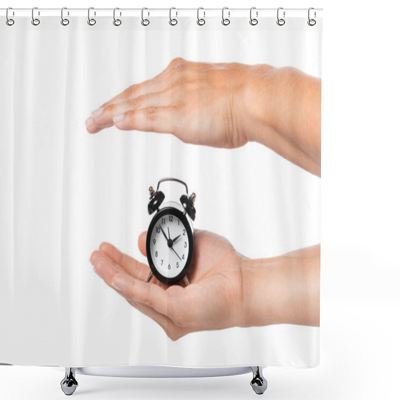 Personality  Female Hand Holding Alarm Clock On White Background Shower Curtains