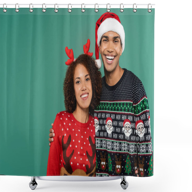 Personality  Happy African American Man Embracing Girlfriend In Reindeer Horns Headband Isolated On Green Shower Curtains