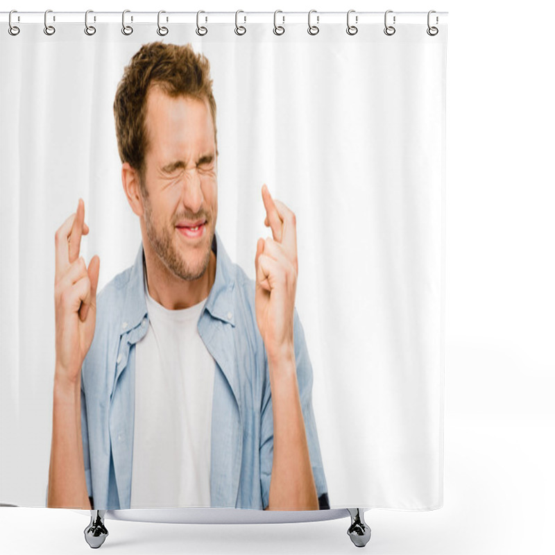 Personality  Young Man Making Wish Fingers Crossed Shower Curtains