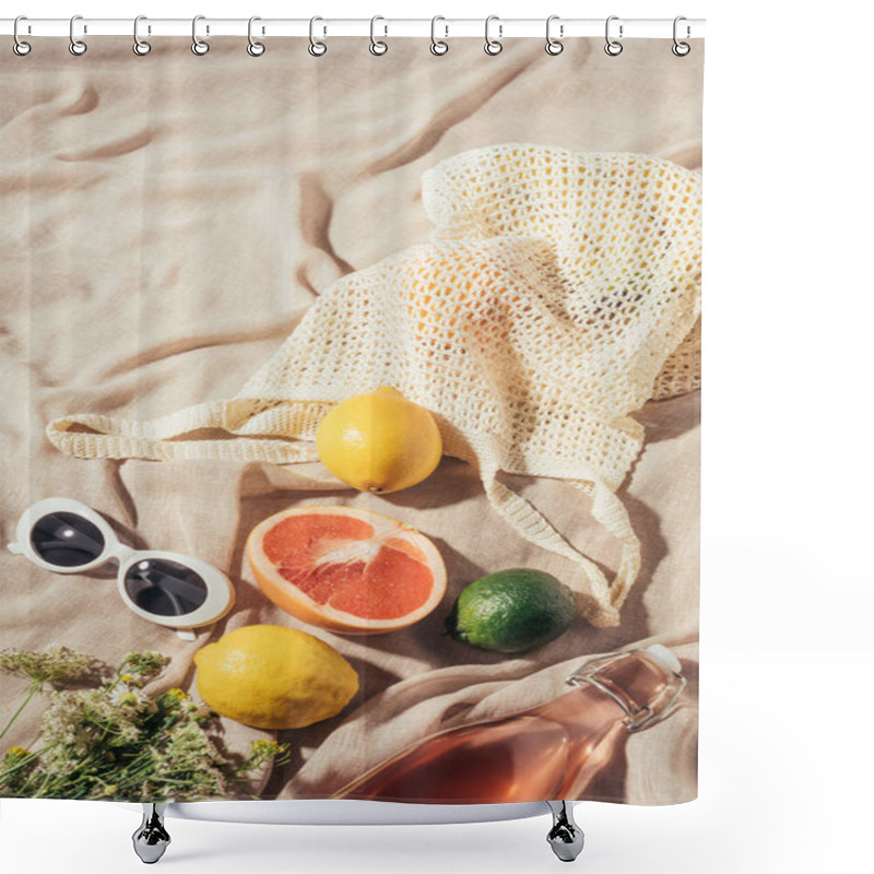 Personality  Close-up View Of Sunglasses, Flowers, Glass Bottle With Summer Drink And Fresh Tropical Fruits Shower Curtains