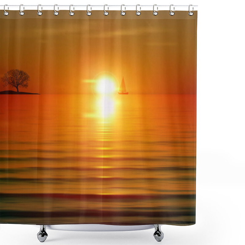 Personality  Abstract Background With Sea Sunrise And Tree Shower Curtains