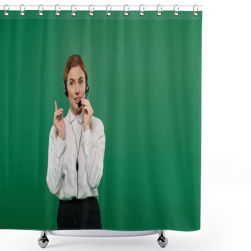 Personality  A Professional Woman Wears A White Shirt, Engagingly Speaking With A Headset Against A Bright Green Background. Shower Curtains