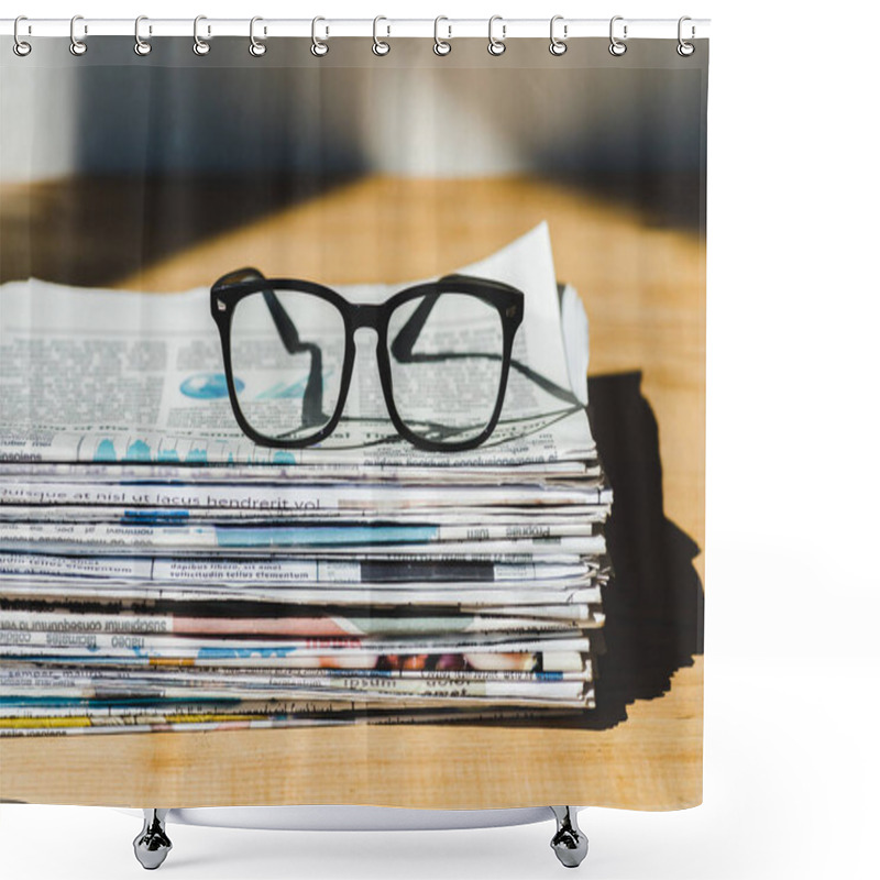 Personality  Different Print Newspapers In Pile On Wooden Table With Glasses Shower Curtains