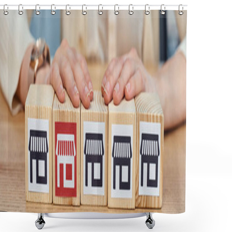 Personality  A Person Carefully Stacks Blocks, Building A Tower With A Businesswoman In A Modern Office, Symbolizing Creativity And Growth. Shower Curtains