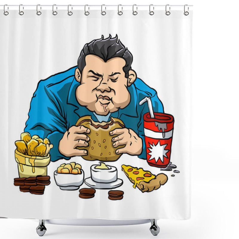 Personality  A Fat Man With The Fast Food.  Shower Curtains