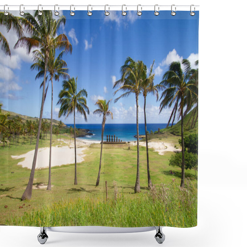 Personality  Moai At Anakena Beach, Easter Island, Chile. Shower Curtains