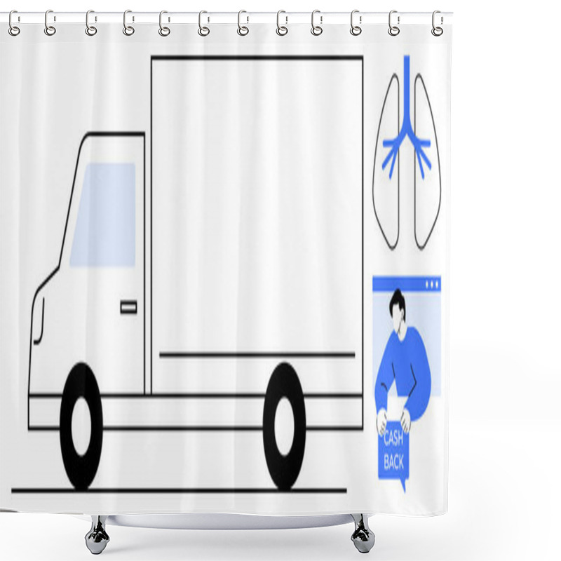 Personality  Delivery Truck Accompanied By Lungs Diagram And Person Reading Book Online. Ideal For Health Education, Delivery Services, Online Learning, Logistics, Medical Awareness. Simple, Clean, Minimalist Shower Curtains