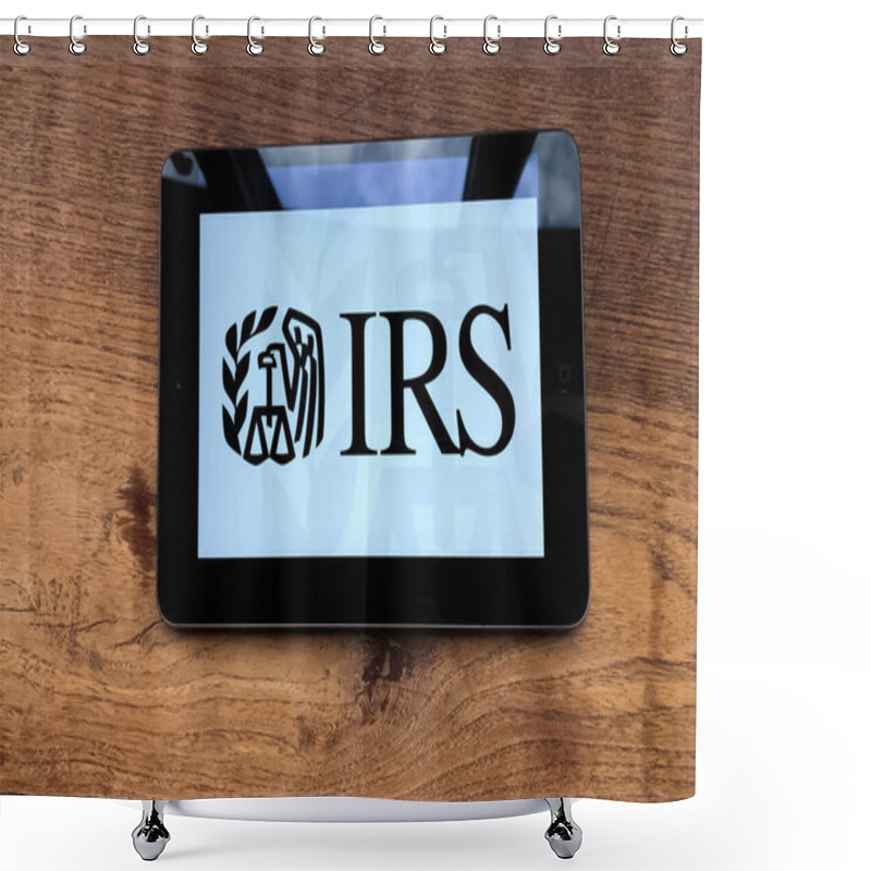 Personality  May 2020 Milan, Italy: IRS Company Logo Icon On Tablet Screen Close-up. IRS Visual Brand Shower Curtains