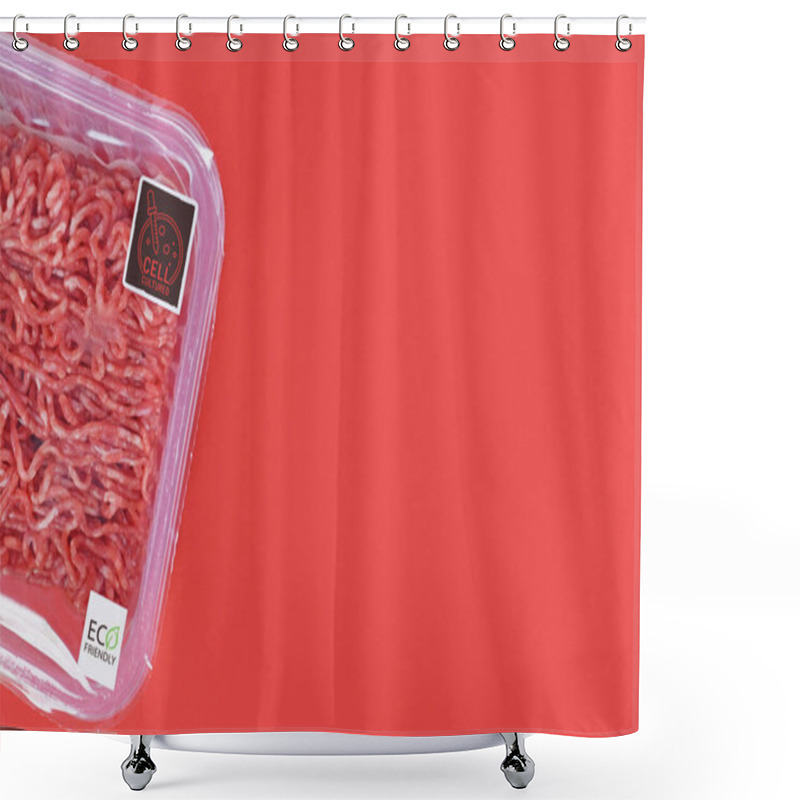 Personality  Cell Cultured Lab Grown Meat Concept For Artificial In Vitro Production With Packed Raw Minced Meat On Side Of Red Background Shower Curtains