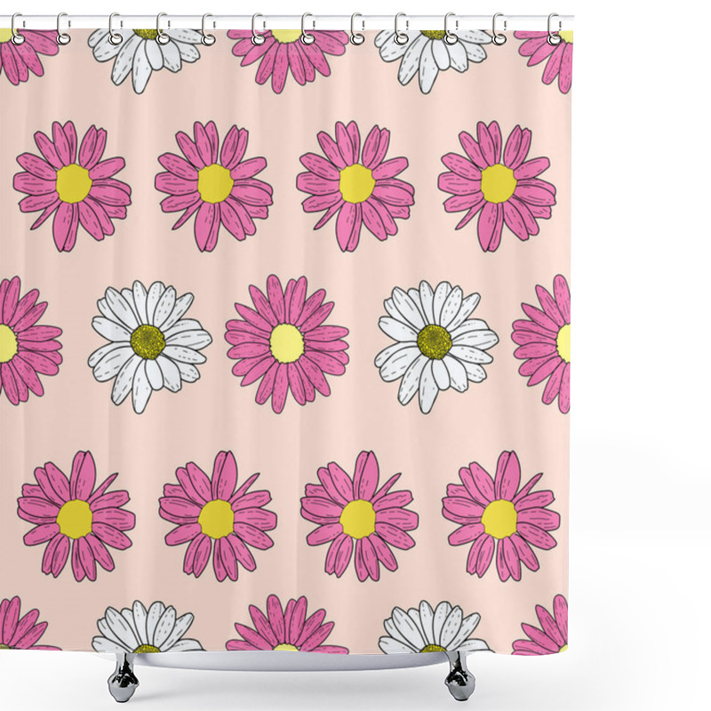 Personality  Vector Pastel Pink Beige Background Pink Daisy Flowers And Wild Flowers. Seamless Pattern Background Shower Curtains