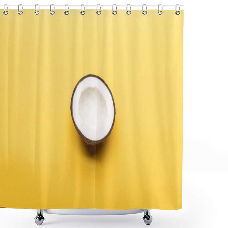 Personality  Top View Of Ripe Coconut Half On Yellow Background With Copy Space Shower Curtains