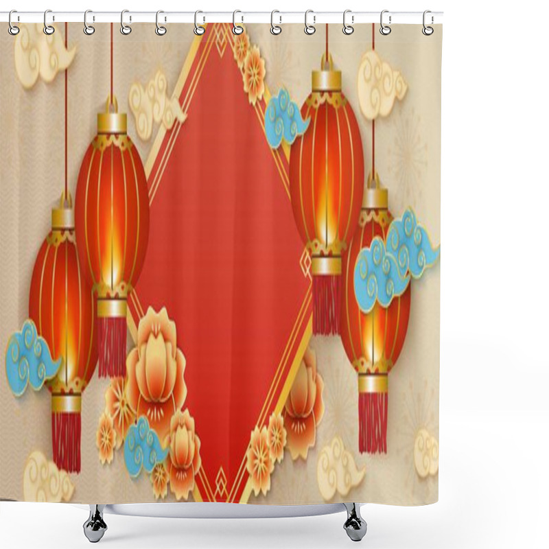 Personality  Chinese New Year Festival Decoration Banner. Red Lanterns From China And Traditional Oriental Style Flowers And Clouds Shower Curtains