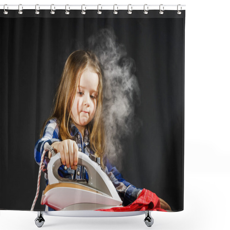 Personality  Cute Little Girl Helping Your Mother By Ironing Clothes, Contras Shower Curtains