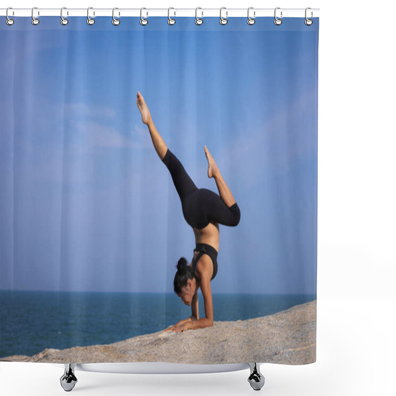 Personality   Asian Pregnant Woman Yoga On The Beach Sunset Summer Time  Shower Curtains