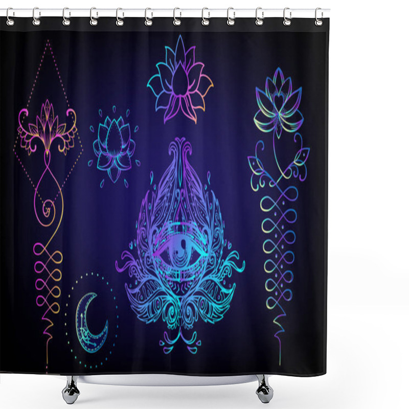 Personality  Sacred Geometry And Boo Symbol Set. Ayurveda Sign Of Harmony And Balance. Tattoo Design, Yoga. Poster, T-shirt Textile. Colorful Gradient Over Black. Astrology, Esoteric, Religion. Shower Curtains