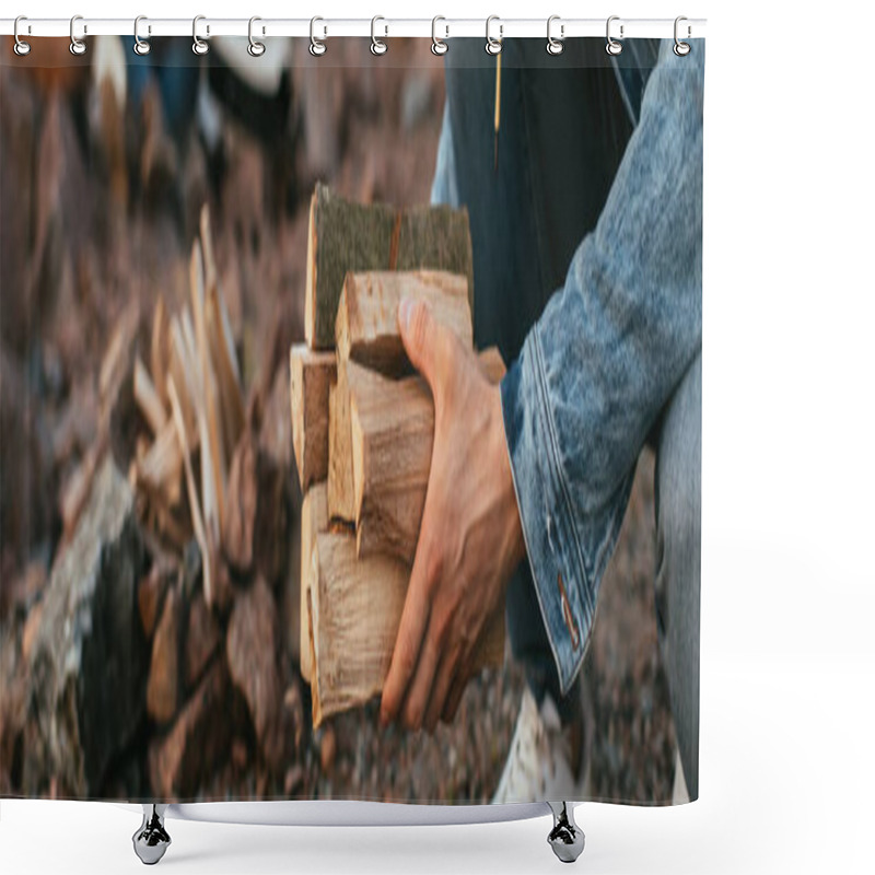 Personality  Panoramic Shot Of Man In Denim Jacket Holding Firewood In Hands Shower Curtains