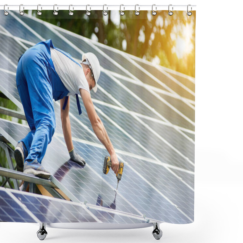 Personality  Construction Worker Connecting Photo Voltaic Panel To Solar System Using Screwdriver On Shiny Surface And Lit By Sun Green Tree Background. Alternative Energy And Financial Investment Concept. Shower Curtains