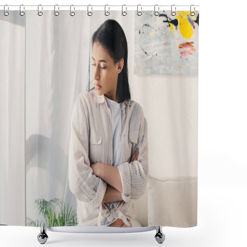 Personality  Upset Latin Woman Looking Down While Standing With Crossed Arms At Home Shower Curtains