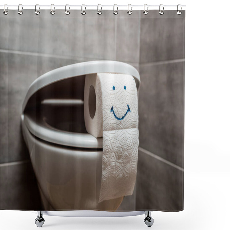 Personality  Close Up View Of Ceramic Clean Toilet Bowl And Toilet Paper With Smiley Face In Modern Restroom  Shower Curtains