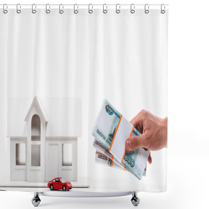 Personality  Cropped View Of Man Holding Russian Money Near Toy Car And Carton House On White  Shower Curtains