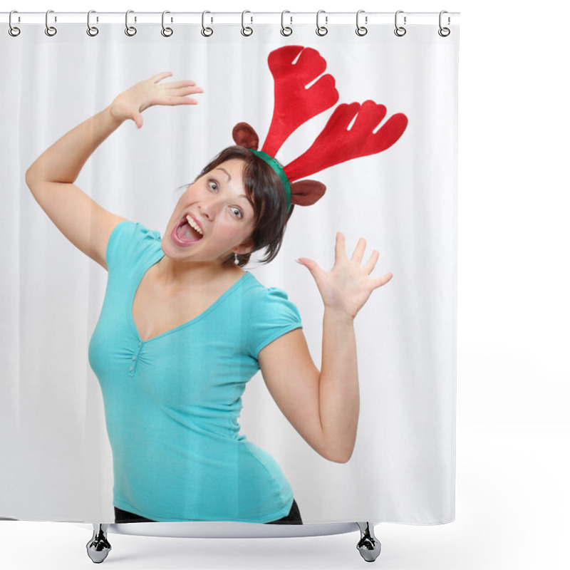 Personality  Happy Young Woman In Reindeer Costume Enjoying Christmas Party. Shower Curtains