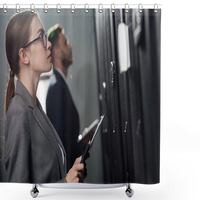 Personality  Side View Of Attractive Businesswoman In Glasses Holding Clipboard Near Businessman In Data Canter  Shower Curtains