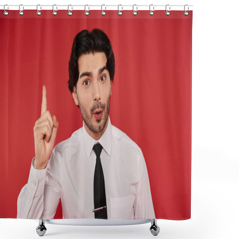 Personality  Brunette Man Dressed In A White Shirt And Black Tie Looks Amazed While Pointing Upwards. Shower Curtains