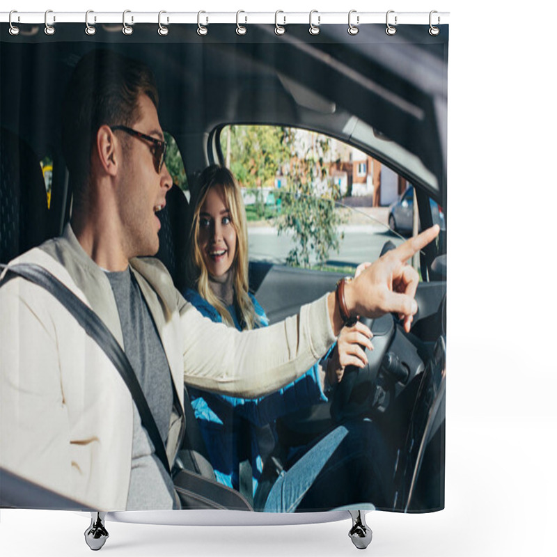 Personality  Side View Of Man Pointing Way To Girlfriend On Drivers Seat In Car Shower Curtains