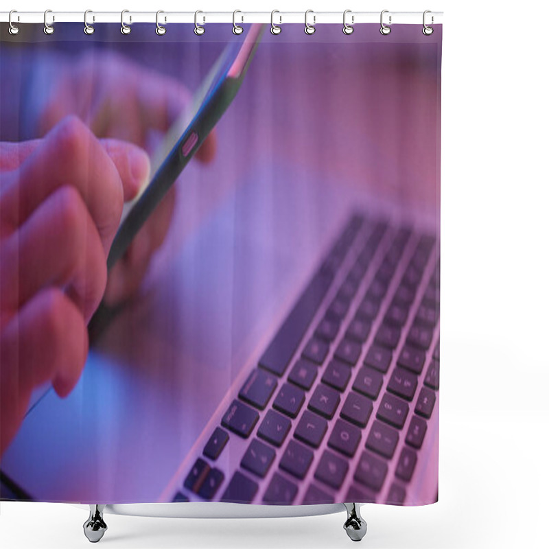 Personality  Woman Using Cellphone With Laptop Computer  Shower Curtains