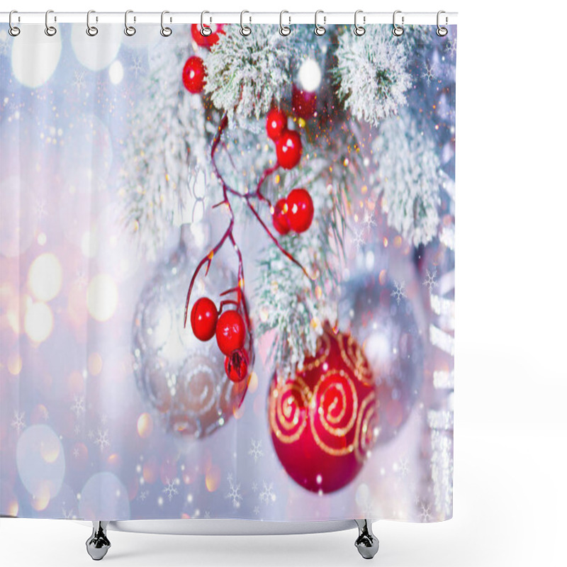 Personality  Christmas Decoration Balls With Fir Branches Against Blurred Silver Background Shower Curtains