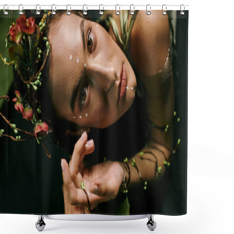 Personality  A Captivating Portrait Of A Woman Adorned With Floral Accents, Posed Near A Swamp. Shower Curtains