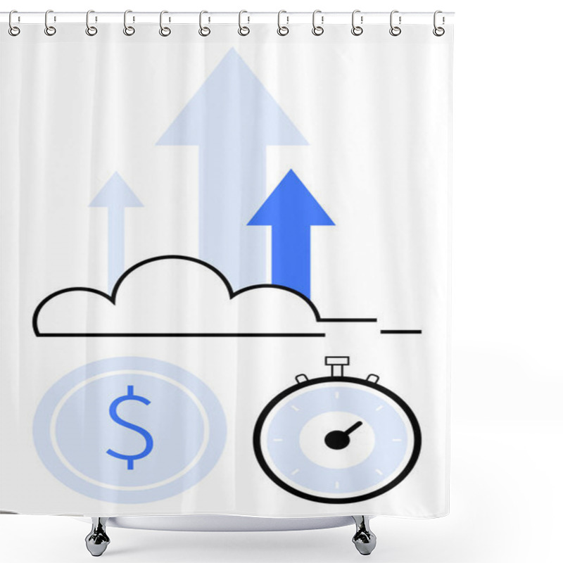 Personality  Cloud With Upward Arrows Dollar Coin And Stopwatch. Ideal For Finance, Growth, Efficiency, Productivity, Technology, Cloud Computing, And Time Management Themes. Line Metaphor Shower Curtains