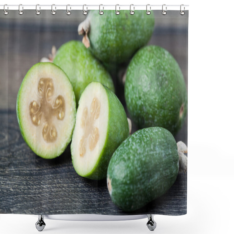 Personality  Feijoa On A Dark Wood Background. Shower Curtains