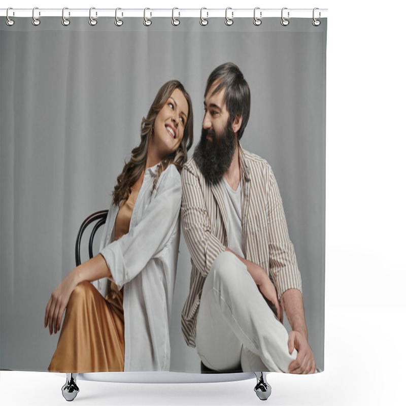 Personality  A Loving Couple Dressed In Sophisticated Attire Pose Together In A Studio Setting. Shower Curtains